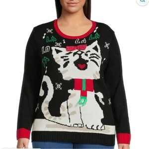 What’s Next Playful Cat Print Christmas Sweater - Black and Red